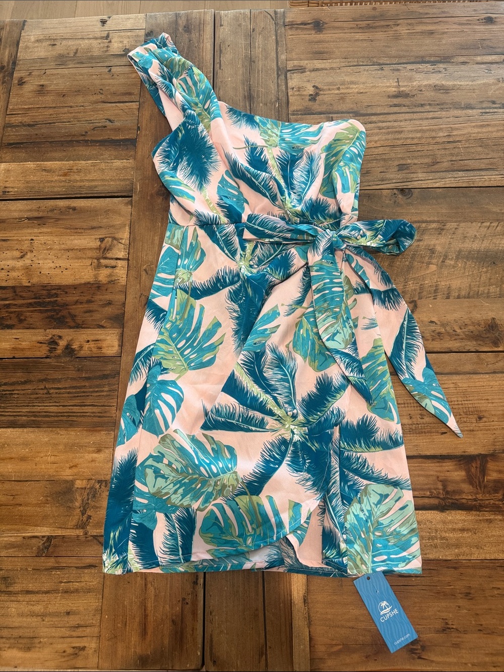 Cupshe Pink One-Shoulder Tropical Leaf Dress with Teal Print